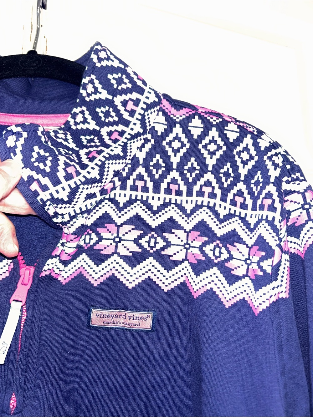 Vineyard Vines Navy and Pink Fair Isle Quarter-Zip - Picture 4 of 9